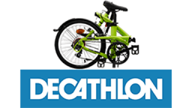 Logo Decathlon accompagné d'un vélo pliant 