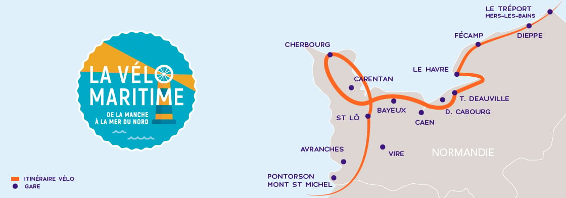 L'itinéraire Vélomaritime est desservie par les gares Nomad suivantes : Le Tréport Mers-les-bains, Dieppe, Fécamp, Le Havre, Trouville Deauville, Dives Cabourg, Caen, Bayeux, Carentan, Cherbourg, Saint Lô, Vire, Avranches, Pontorson Mont Saint Michel