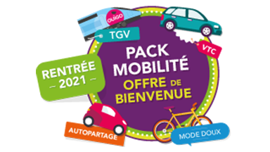 Logo Pack Mobilité Offre de bienvenue avec pictos de moyens de transports